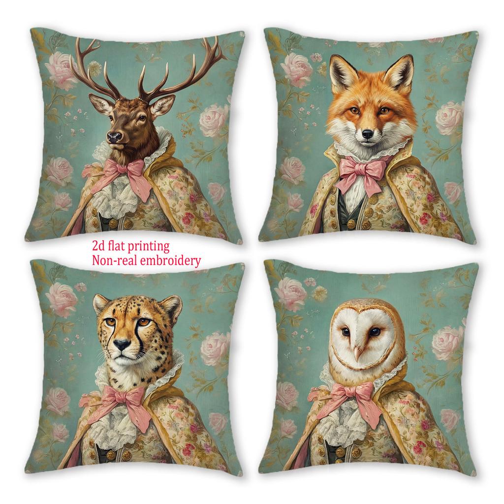 1/4pcs Vintage Royal Animal Portrait Throw Pillow Covers Floral Farmhouse Decorative Cushion Cases Cushion Cover