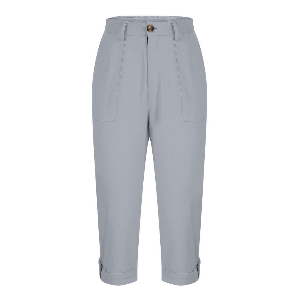 Women Casual Capri Pants High Waisted Rolled Cuff Ankle Pants Solid Color Pocket Detail Loose Fit Trousers