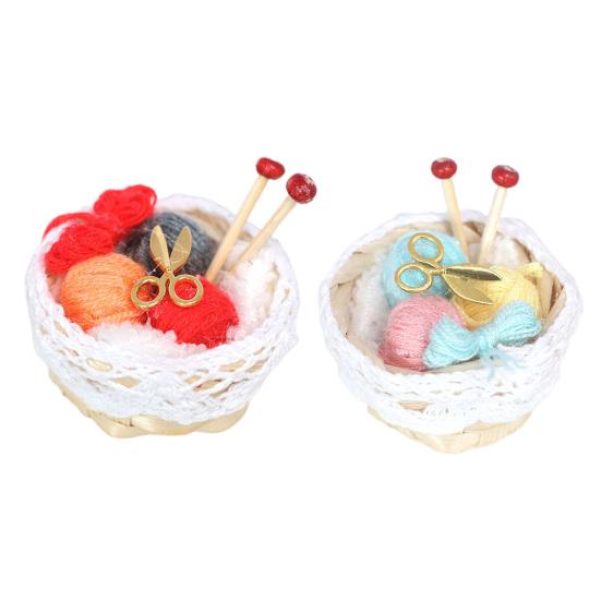 Knitting Tool Model Colorful Miniature Bamboo Basket Braided Yarn Ball Ornament for Dollhouse Decorations