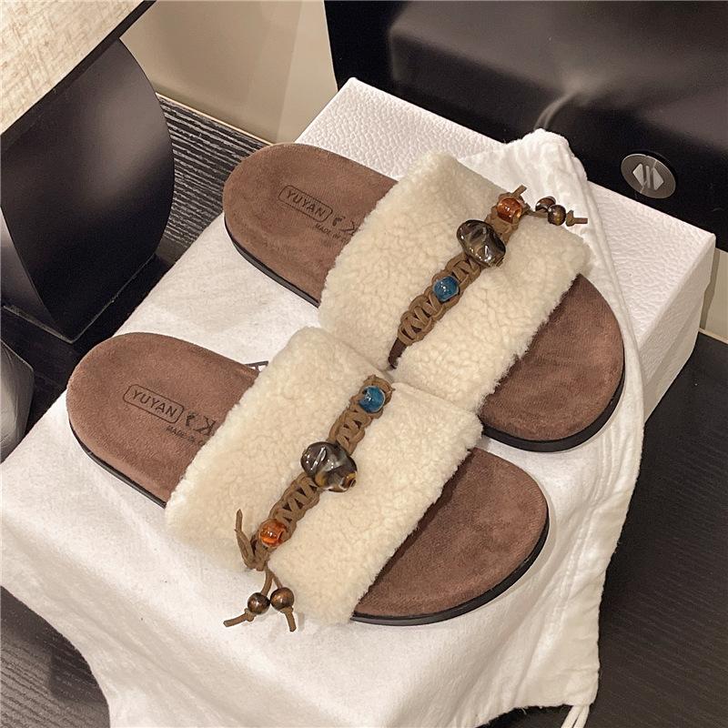 Niche Design Thick-bottomed Cotton Slippers Women's Outer Wear 2025 Autumn and Winter New Retro French Woven Plush Mop