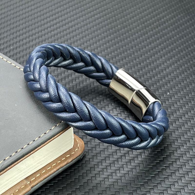 Punk Men Braided Leather Bracelet Jewelry Black/Brown/Red/Blue Stainless Steel Magnetic Clasp Fashion Bangles Charm Bracelets