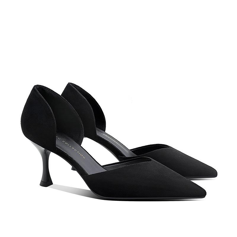 Black high heels spring new pointed hollow single shoes women's summer stiletto cat heel shallow mouth middle heel cmcm