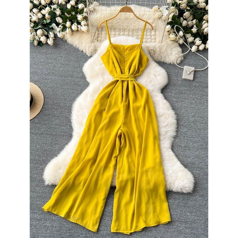 Holiday Wear Chic Summer New Design Sense Lace-up Waist-Controlled Youthful-Looking Loose Wide Leg Leisure Suspender Jumpsuit