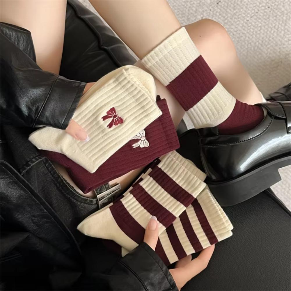 Red Bow Female Elastic Striped Socks Knitted Middle Tube Socks Snow Boot Socks  Christmas Gift