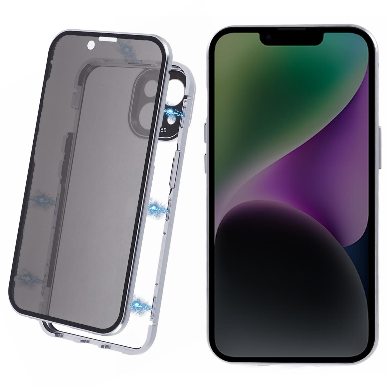 

For iPhone 15 Magnetic Adsorption Case Metal Bumper Tempered Glass Privacy Cover Black