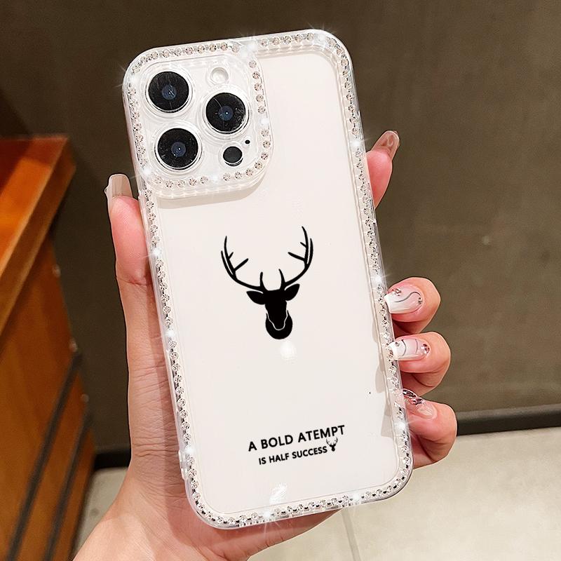 Simple Deer Print Shockproof Soft Silicone Case For iPhone 16E 16 Pro 15 Pro Max 14 13 12 11 Diamond Frame Anti-Fall Clear Phone Cover