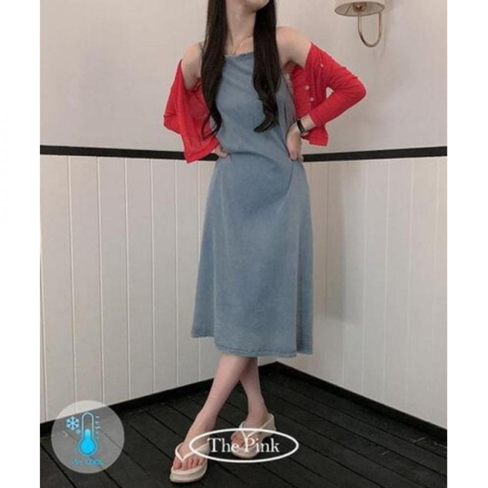 The Pink Women A Line bAnded Denim Sleeveless Long Dress