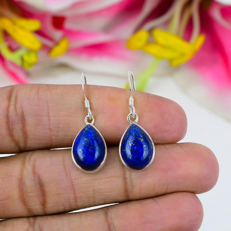 Solid 925 Sterling Silver Lapis Lazuli Gemstone Pear Drop Earrings Women Handmade Earrings Gift For Her