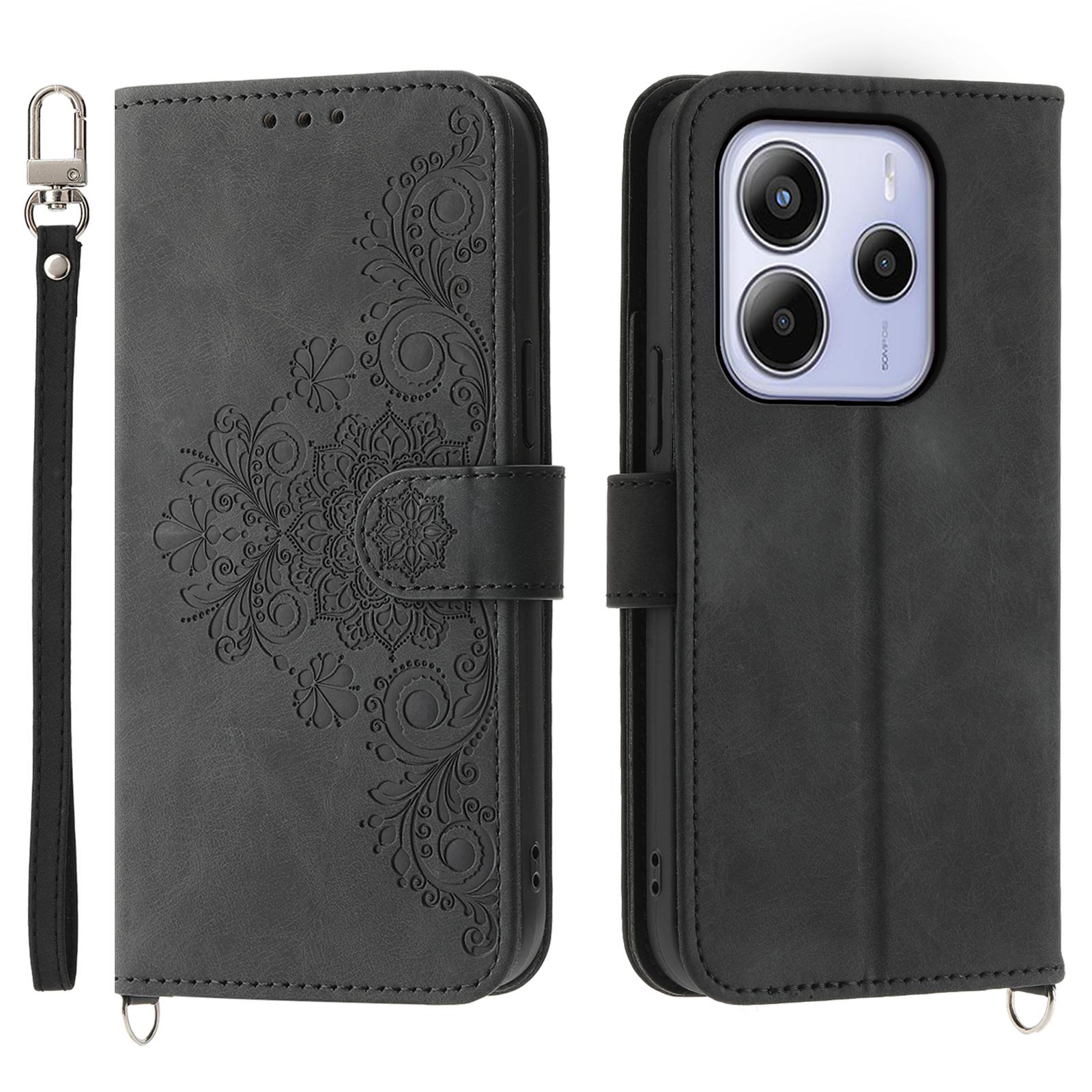 

Для Xiaomi Redmi Note 14 4G (163,25 мм) Чехол-кошелек из искусственной кожи с цветочным узором и ремешком Black