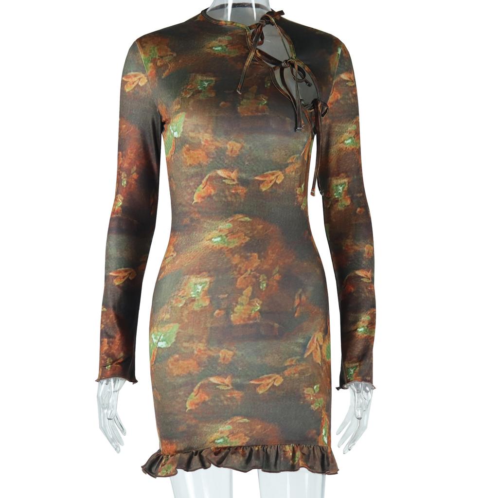 European and American Style Fashionable Women's Printed Dress,Retro Long Sleeved Round Neck Hollow Out Short Skirt,Lace Up Wrapped Hip Skirt for Women
