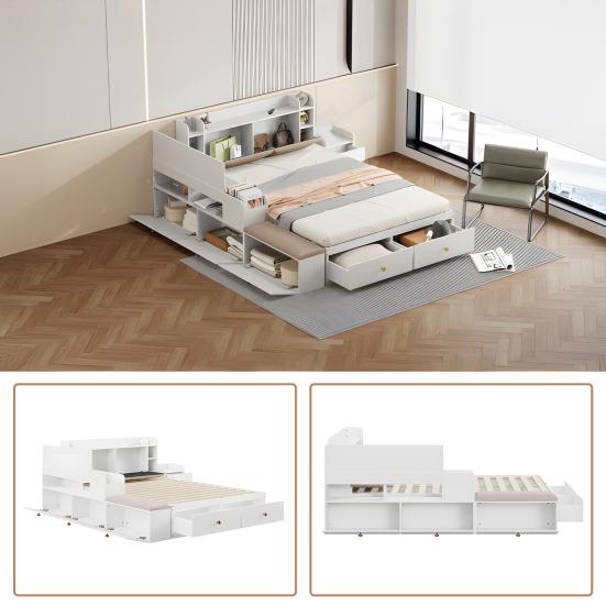 140 X 200cm Storage Bed with Drawers Headboard Built-in Storage Compartment Bedside Table Sofa Bench Strong Wood Slat Support Bed Home Furniture
