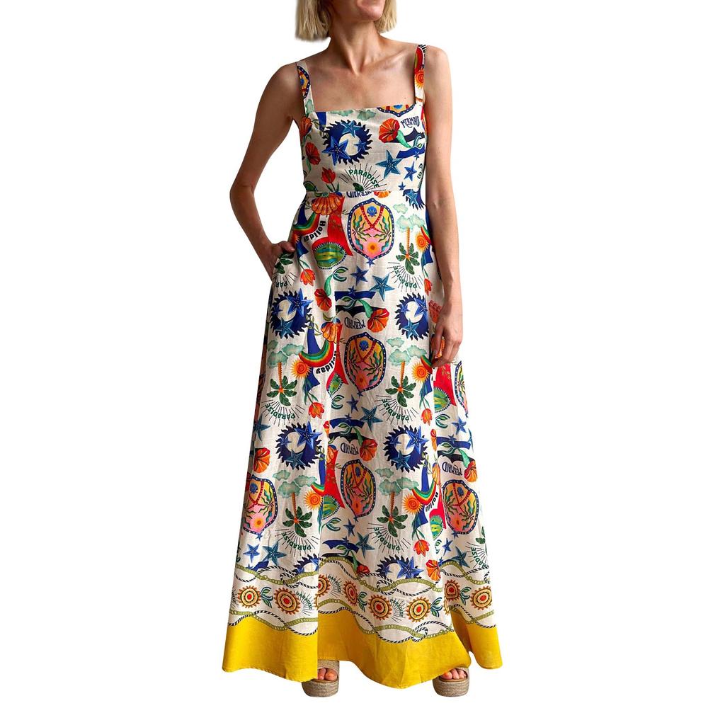 New Sexy Women's Suspender Positioning Printed Sleeveless Strappy Dress With Large Hem