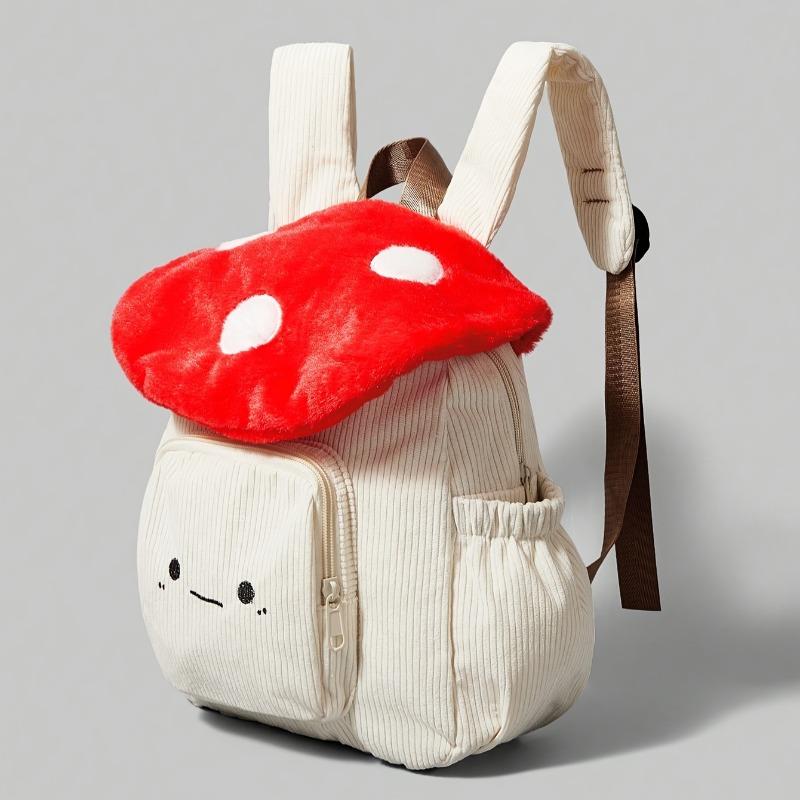 Women's Kawaii Plush Mushroom Backpack Cute Tote Bag with Adjustable Straps Zipper Closure Corduroy Red/White Student Backpacks