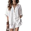 2026 Spring/Summer Women's Solid Color Loose Button-Down Shirt and Shorts Fashion Casual Set
