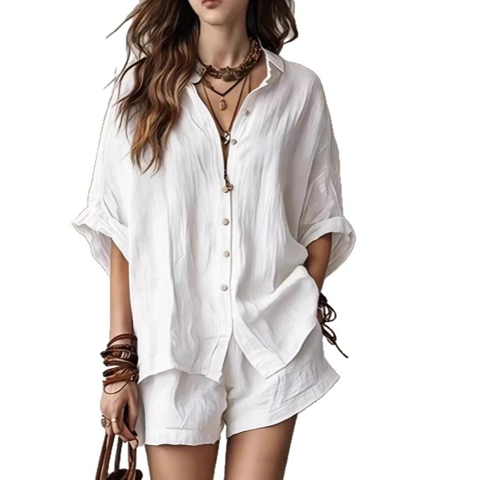 2026 Spring/Summer Women's Solid Color Loose Button-Down Shirt and Shorts Fashion Casual Set