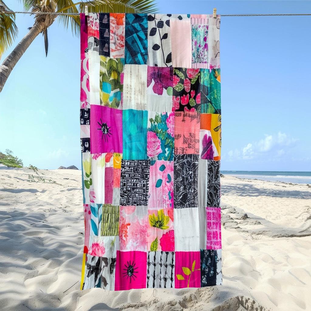 Large Microfiber Beach Towel 2D Flat Printed Colorful Patchwork Sand Free Soft Absorbent Bath Towel For Beach Pool Travel 1PC