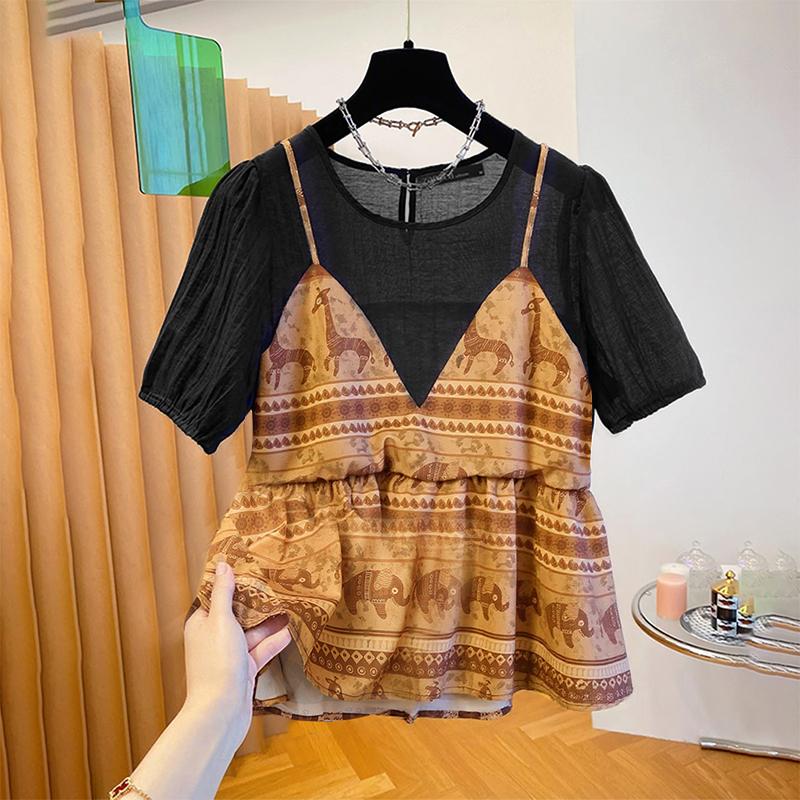 

ZANZEA Женская повседневная блузка с круглым вырезом и короткими рукавами в стиле пэчворк S жёлтый