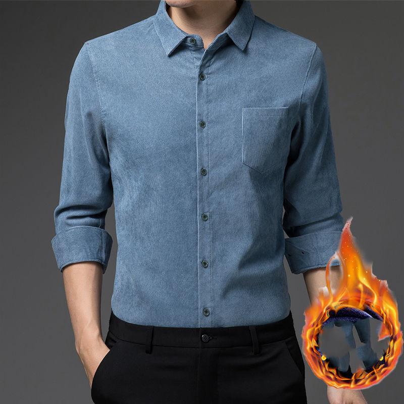 Men's Autumn and Winter Thickened Vintage Shirt Casual Solid Color Long Sleeve Shirt