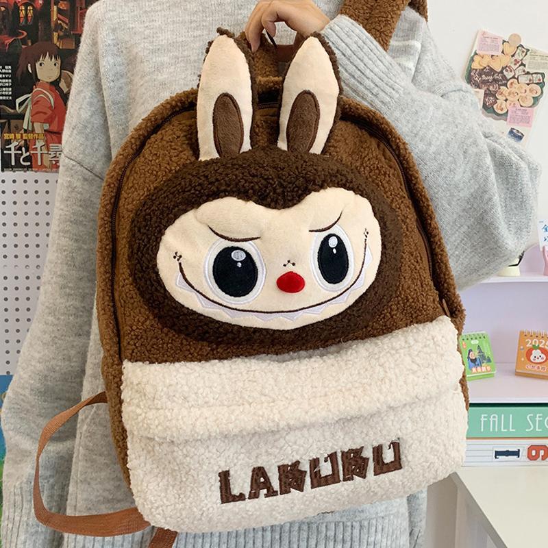 LABUBU Kreslená taška na kampus Plyšová taška Roztomilý batoh z jehněčí vlny Velkokapacitní Lehký Batoh odolný proti opotřebení
