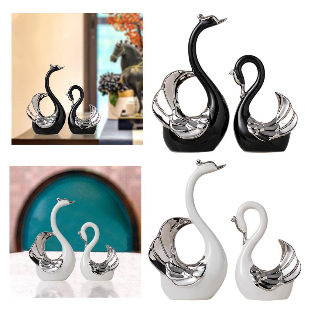 Porcelain Swan Couple Figurines Pair Statues Collectible Craft Table Centerpiece