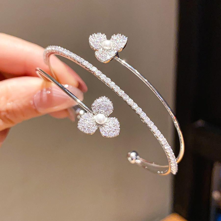 Zircon Pearl Flower Three Layer Open Bracelet With Elegant Design For Women