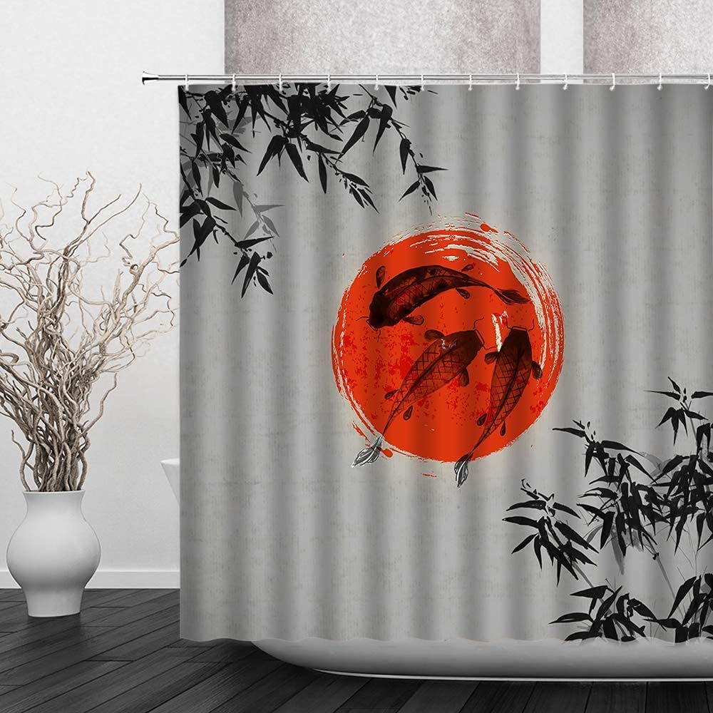 Japanese Waves Shower Curtain Cherry Blossom Pulm Flower Moon Koi Fish Kanagawa Waves Asian Romantic Fabric Bathroom Curtains