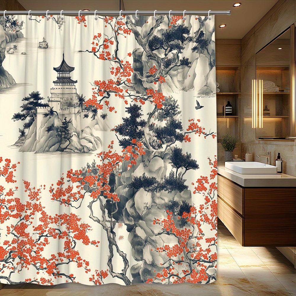 

1pc East Asian Pagoda Landscape Shower Curtain - Serene Nature Scene with Cherry Blossoms, Rocky Cliffs & Tranquil Lake, Polyest 90x180cm