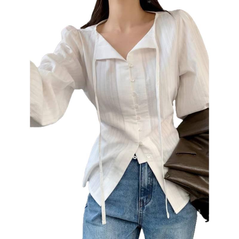 Korean Chic Lace-up Embroidered Dark Pattern Collarless Long Sleeve Shirt for Women