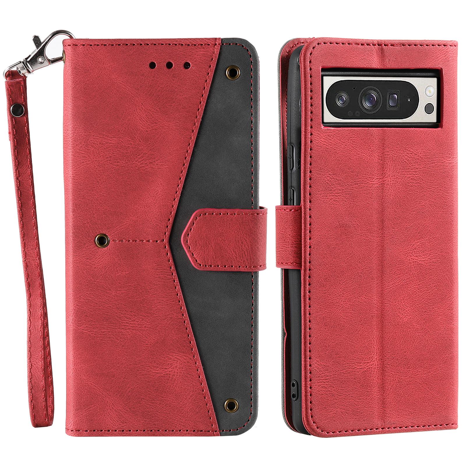 

For Google Pixel 9 Pro XL Leather Case Splicing Stitching Wallet Stand Phone Cover with Strap B