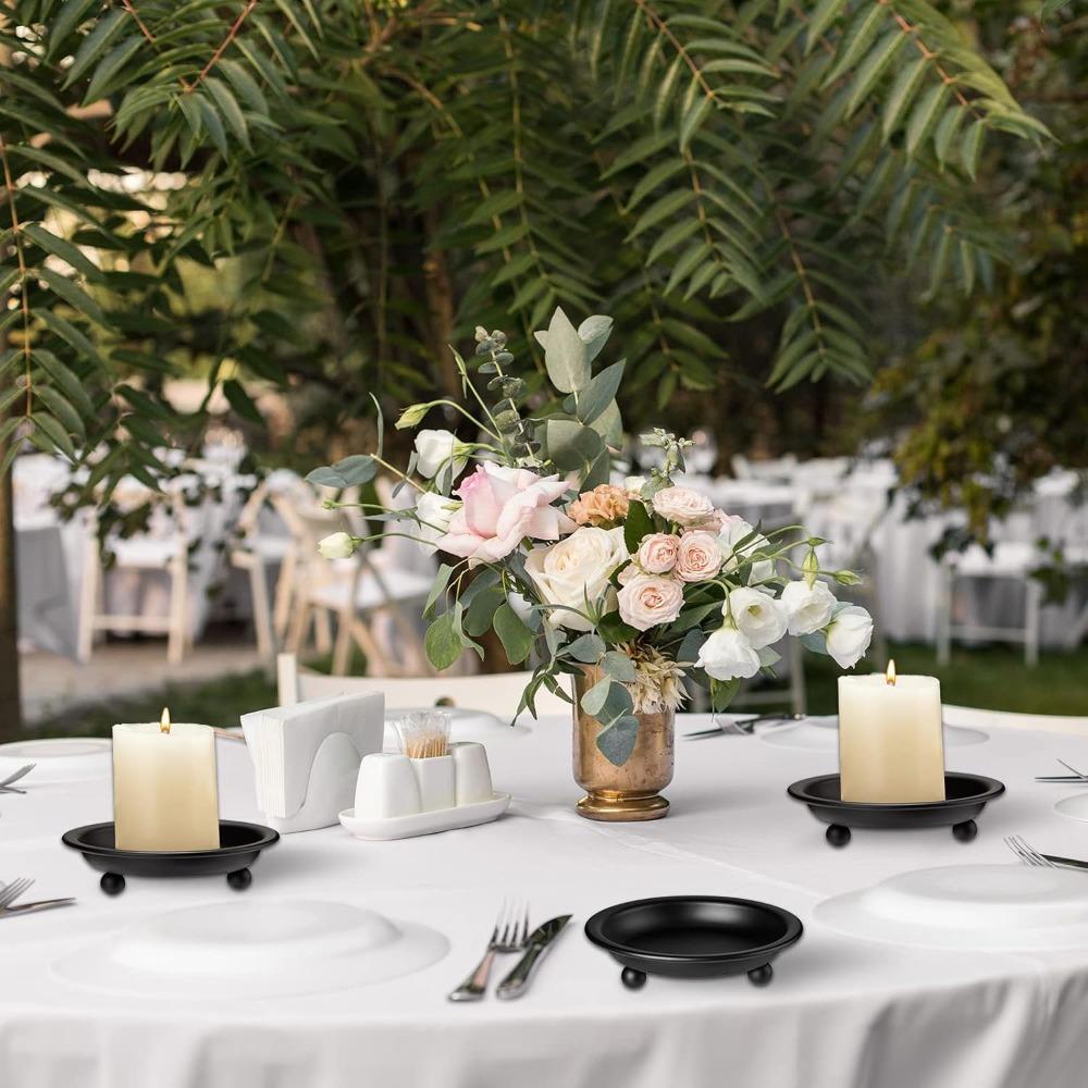 4 Pieces Matte Black Iron Candle Plate Decorative Wedding Saucer Style Candle Holder Tray Metal Pedestal Candle Stand for Spa Table Centerpiece