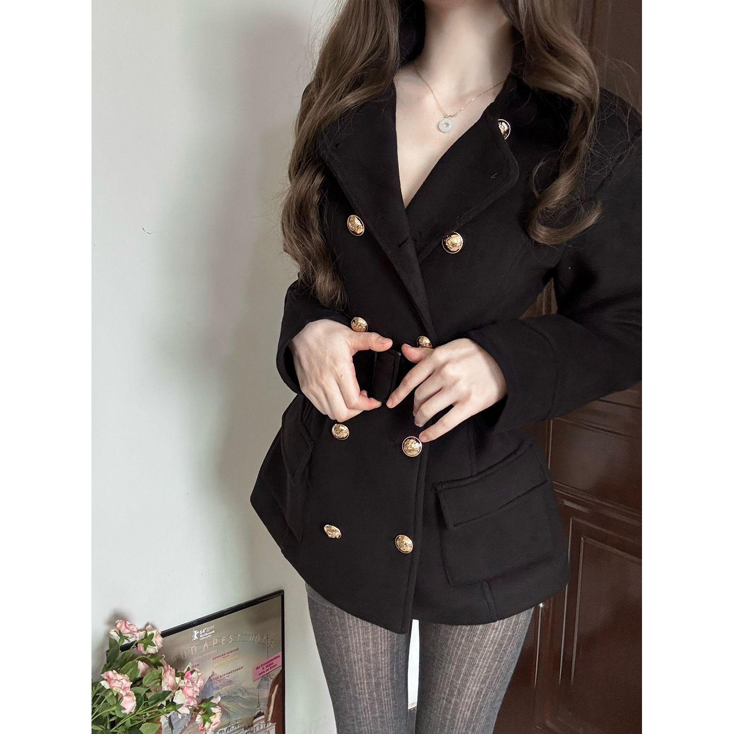 

City Hunter Vintage Double-Breasted Wool Coat – Women s Autumn/Winter Slimming Lapel Outerwear M (95-105 jin) чёрный