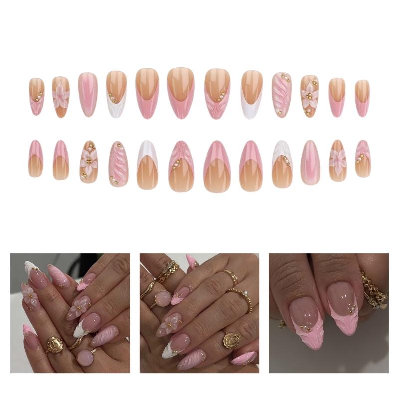 3D Embossed Floral False Nail Pink Flower Pattern Press On Nail Instantly Application Wedding Banquet Elegant Manicure