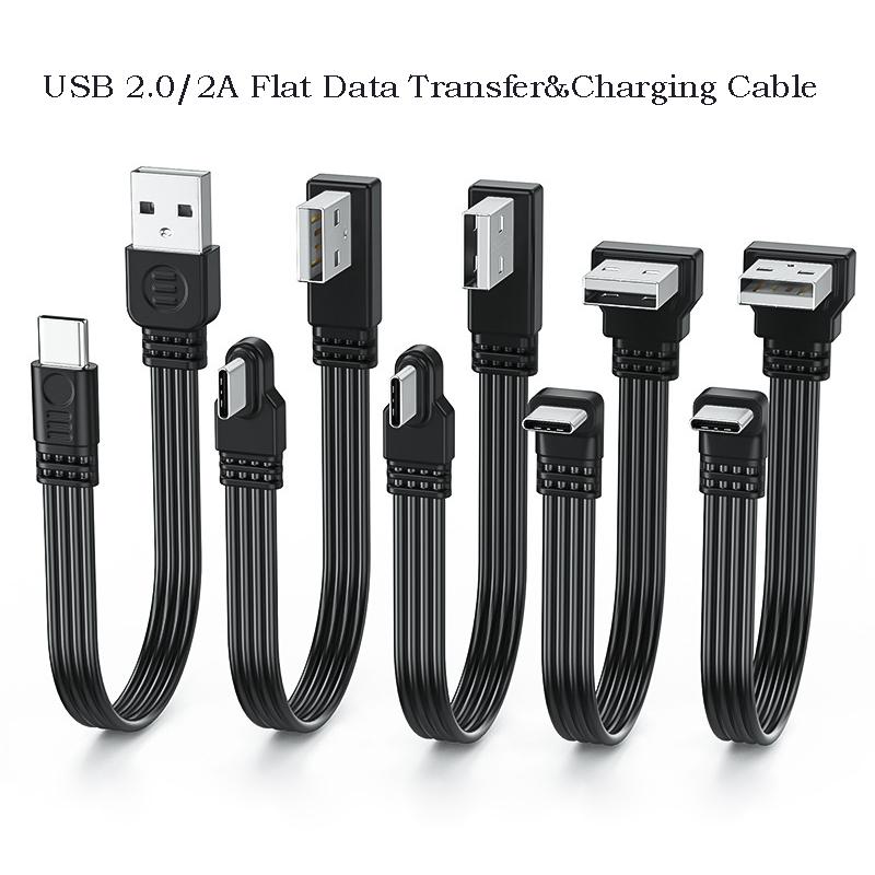 USB2.0 To Type C Data Cable Splitter Up Down Left Right Angle Wire Flat Cord USB C Data Transfer 2A Powe Supply Sync Extend Line