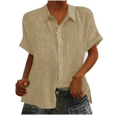 Spring Solid Color Women's Loose Cotton Hemp Short Sleeve Collar Button Open Top for Women Shirt