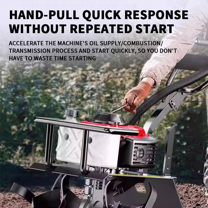 72CC Gasoline Tiller Cultivator 2 Stroke Mini Cultivator Rotovator for Farm Garden Yard Single-Cylinder Air Cooled 9000r/min