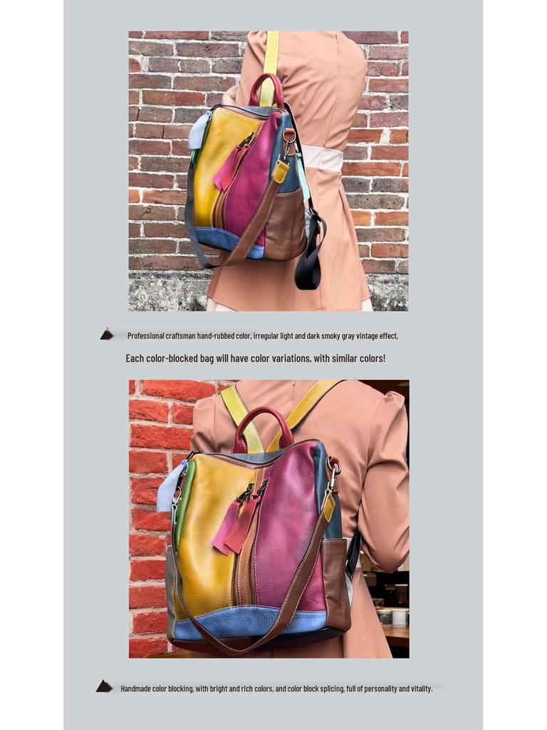 Retro Skórzana Patchworkowa Kolorowy Blok Telefon Torba na Telefon & Plecak z Podwójnym Paskiem