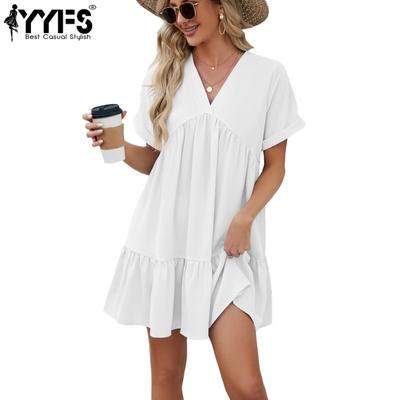 Women's Fashion Summer Spring Solid Color Print Short Sleeve V-Neck Loose Waistline Casual Dresses