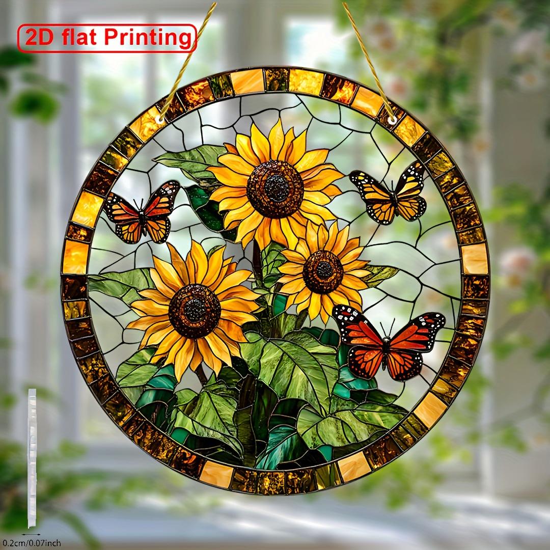 Sunflower Round Acrylic Painted Window Decoration Pendant Butterfly Wall Hanging Decor Dreamcatcher Room Decoration Accessories 15*15cm