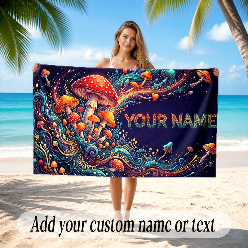 Mushroom Forest Theme Soft Beach Towel Personalized Custom Name Text Towel Portable for Beach Pool Travel