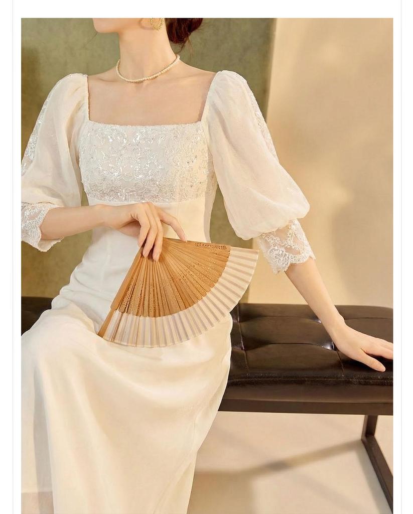 2026 Spring/Summer Luxury Chinese Style White Slimming Lace Dress for Women - P0109