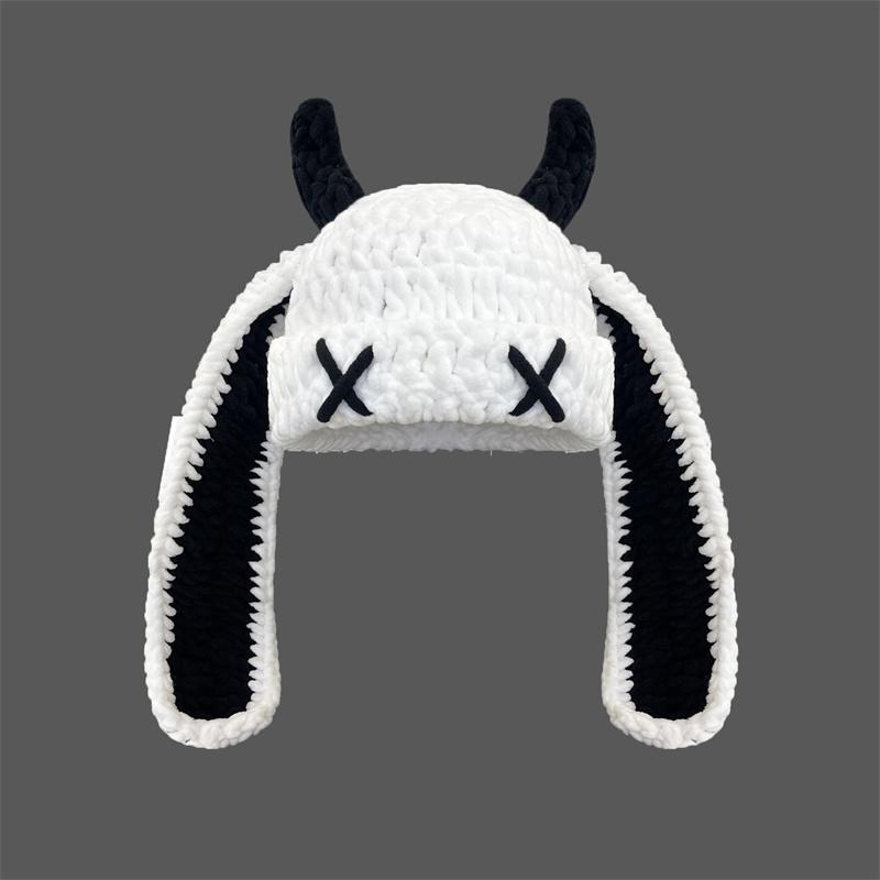 Unisex Autumn Winter Handmade Crochet Knitted Hat Soft Warm Long Ear Beanie Hat Men Women Casual Y2K SkullCap Hats Ski Caps