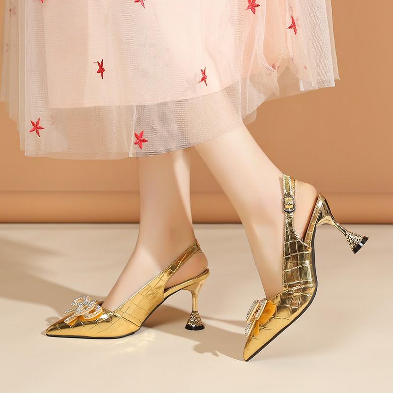 Rhinestone Butterfly Knot Stiletto Sandals Women's Fashion Pointy Shallow Mouth Line with Anti-slip Wear Heels
