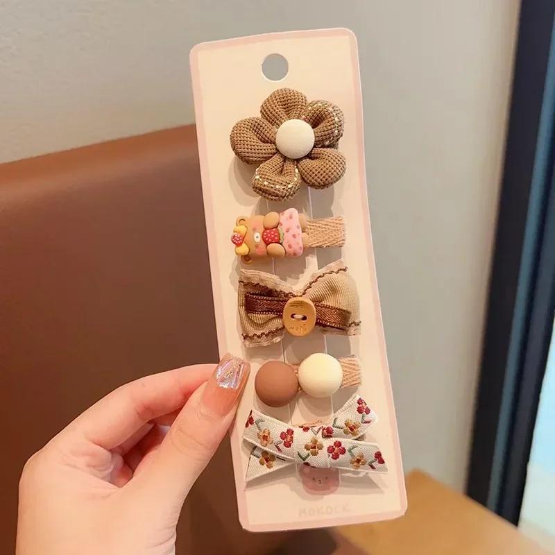 5pcs Sweet Kids Hair Clip Beige Coffee Color Plush Hairpin for BabyToddler Autumn Winter Kawaii Bowknot Headwear for Girls