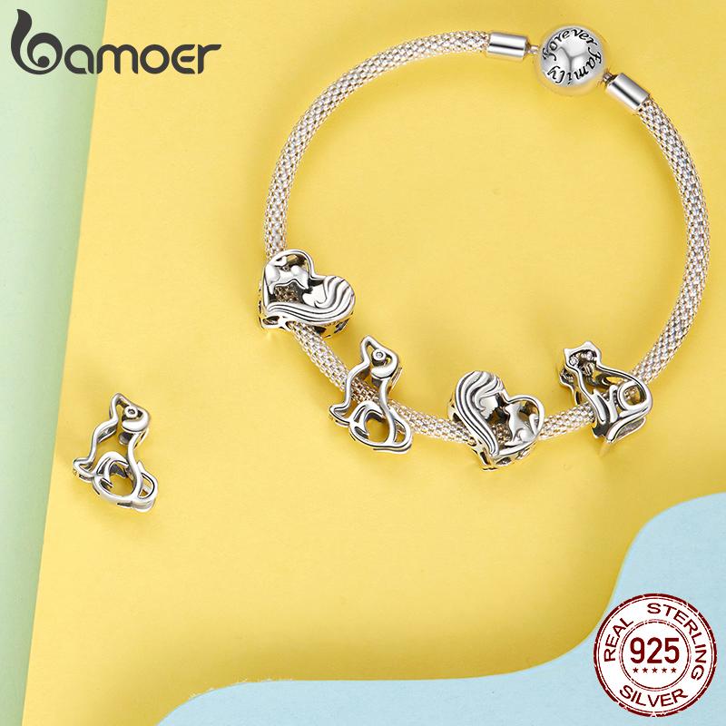 BAMOER Solid 925 Sterling Silver Cute Dachshund Cat Charm Bead fit Original Bracelet Necklaces Jewelry DIY bamoer Pet Charm