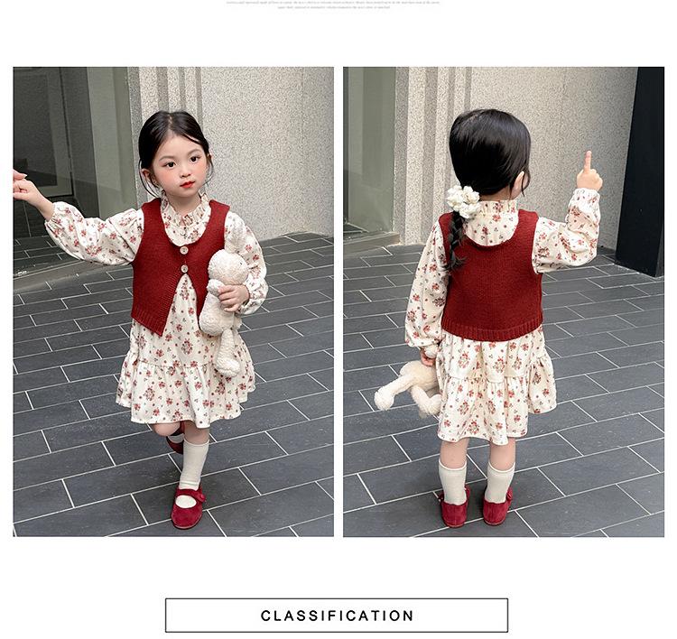 2025 Autumn Floral Dress & Sweater Vest Set for Girls – Fashionable Princess Outfit