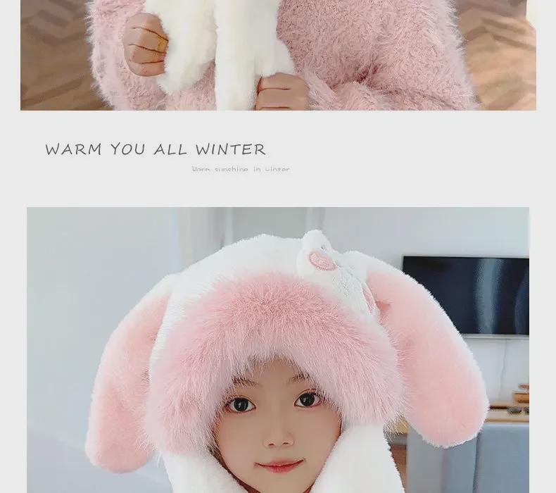 Urocza Czapka Zimowa dla Dzieci z Ruchomymi Uszami Królika i Szalik - Pluszowa Ochrona Uszu dla Dziewczynek