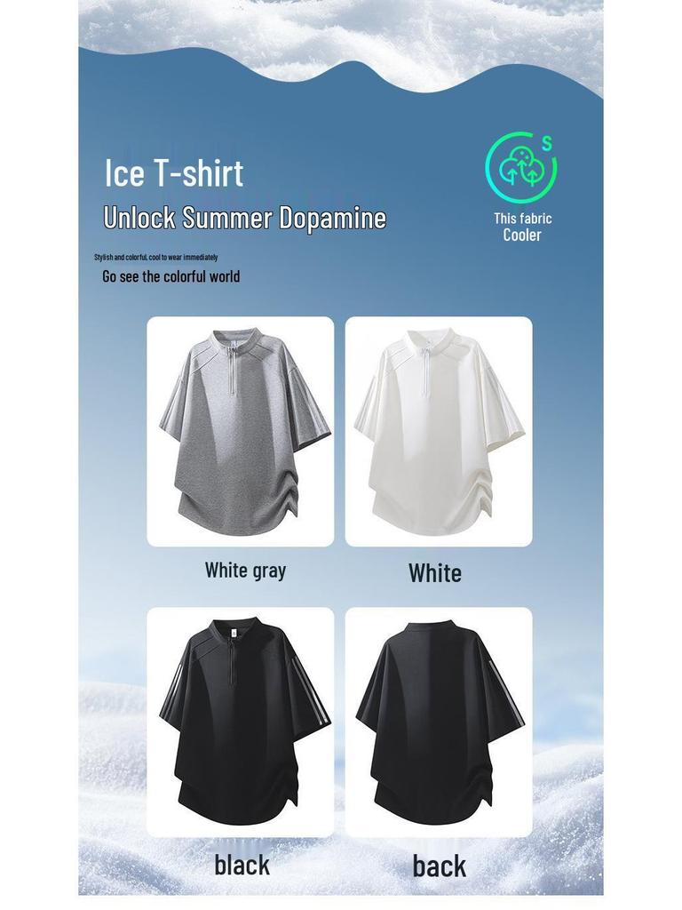 Men's Striped Half-Zip Short-Sleeve Casual T-Shirt
