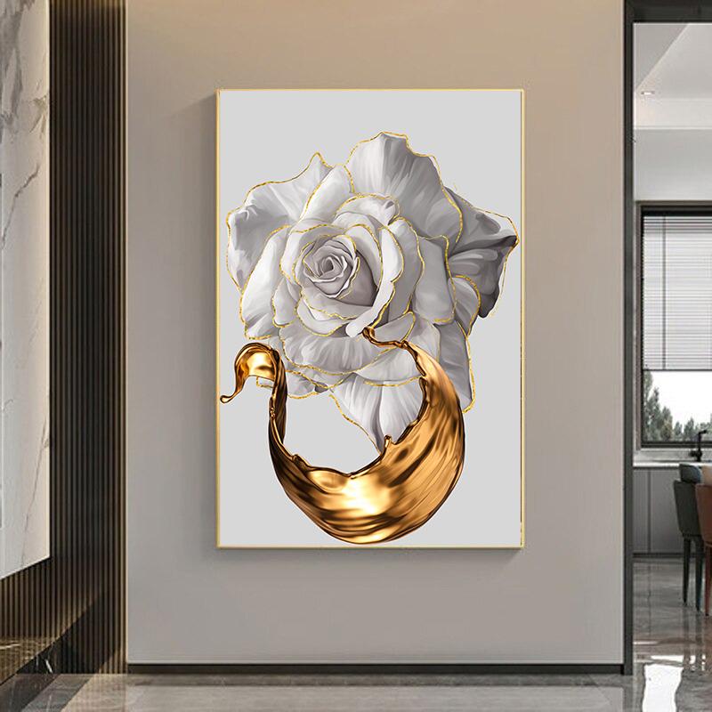 White Rose Flower Golden Ink Splash Abstract Poster Nordic Art Plant Canvas Painting Modern Wall Picture for Living Room Decor