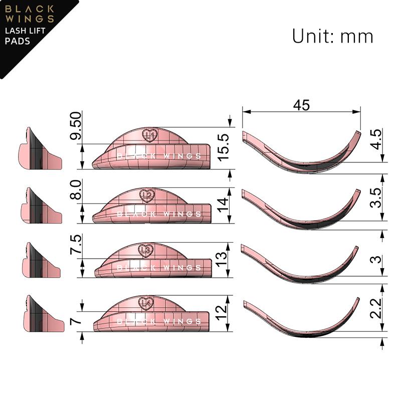 BLACKWINGS 4 Paar Wimperndauerwelle Silikonpads rosa, Lockenpads für Wimpernlifting, mit Größentabelle, Hypoallergene Wiederverwendbare Accessoires