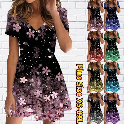 Summer Fashion Women's V Neck Short Sleeve Beautiful Cherry Blossoms Printed Dress Sex Short Skirt Dresses